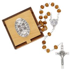 St. Benedict Medal Wood Rosary & Box